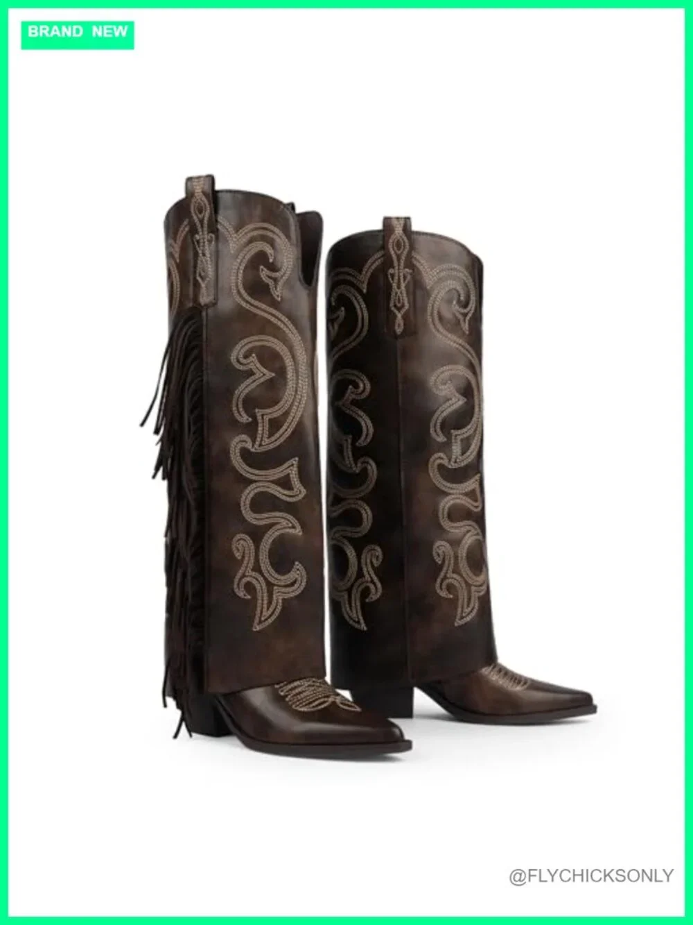 Fold Over Fringe Embroidered Western Cowboy Boots Pointy Toe Chunky Block High
